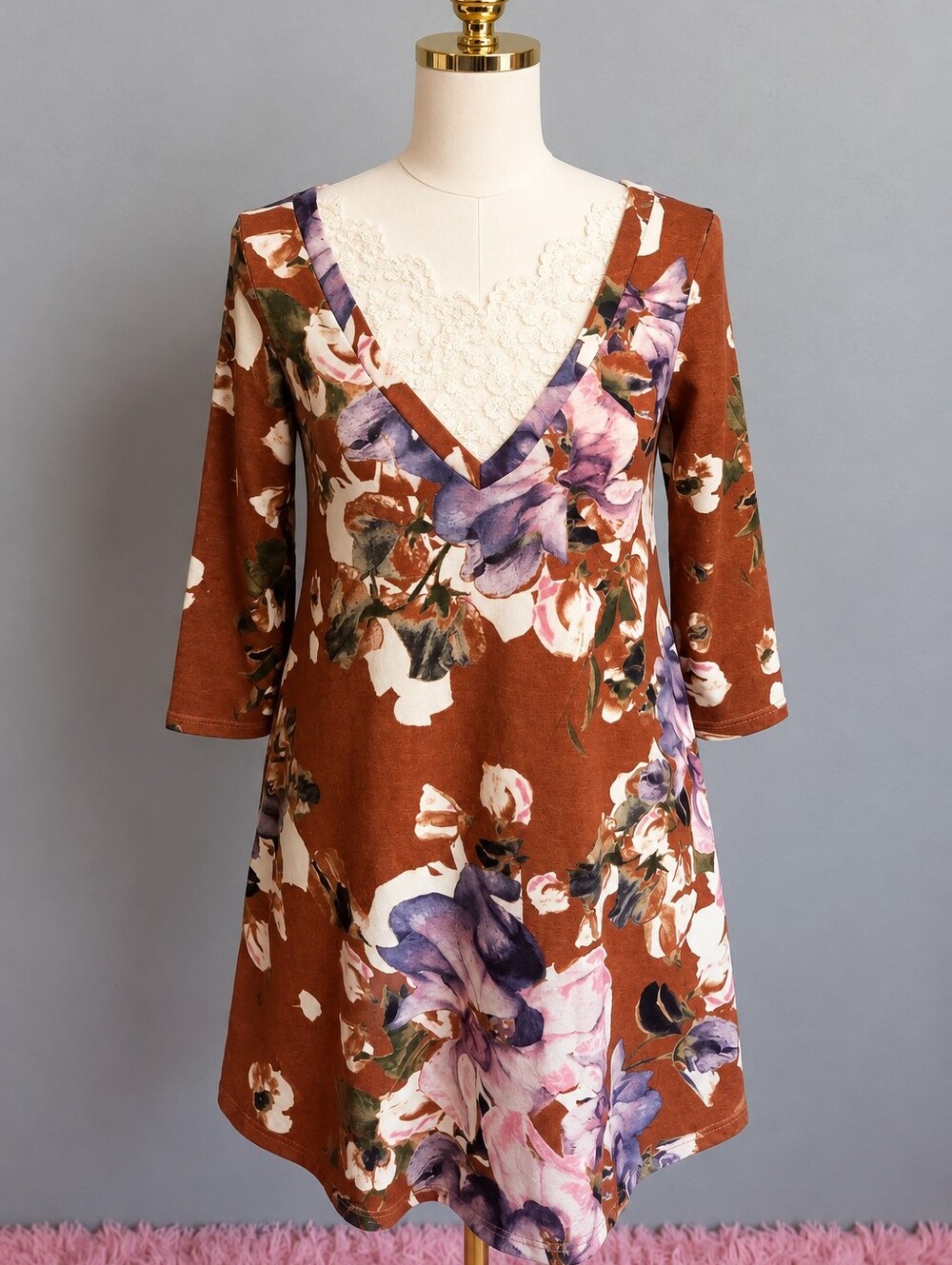 Entro Size Small Rust Floral Lace V-Neck Fall Dress